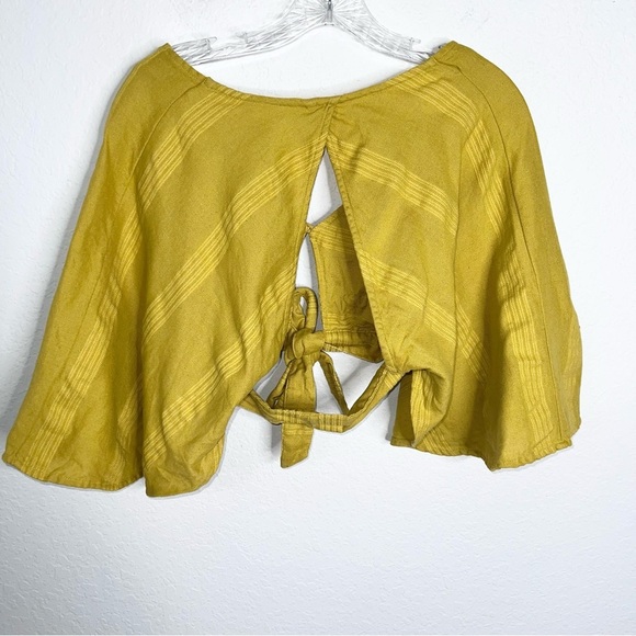 Free People Linen Crop Top Flutter Sleeves Tie Waist Women Small Yellow Boho B1 - Picture 4 of 8
